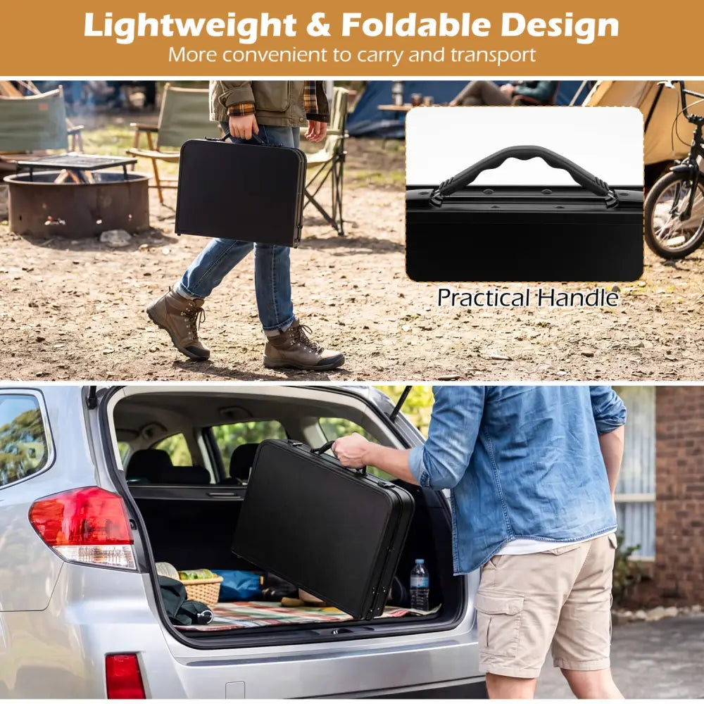 3-Height Folding Camping Table with Large Storage Net & Handle-Black - Black - Camping Furniture