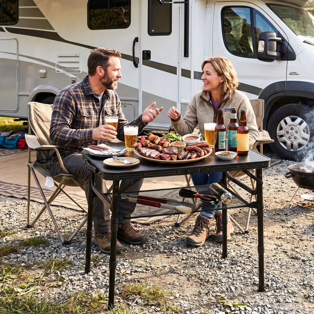 3-Height Folding Camping Table with Large Storage Net & Handle-Black - Black - Camping Furniture