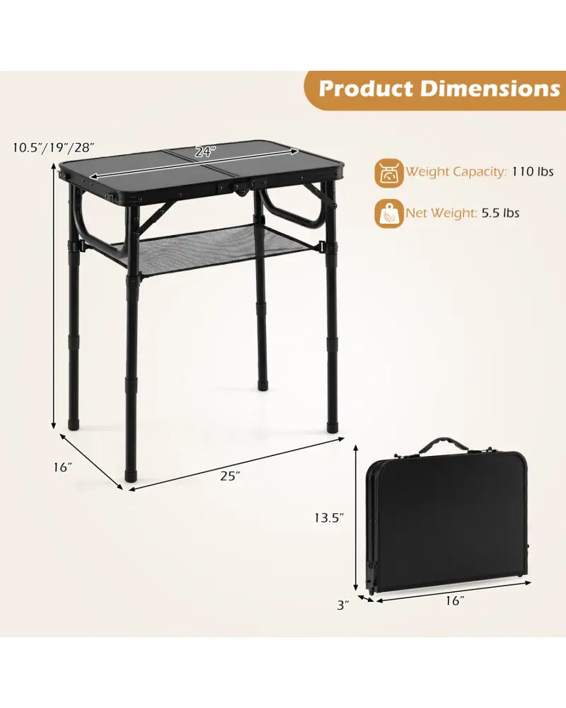 3-Height Folding Camping Table with Large Storage Net & Handle-Black - Black - Camping Furniture