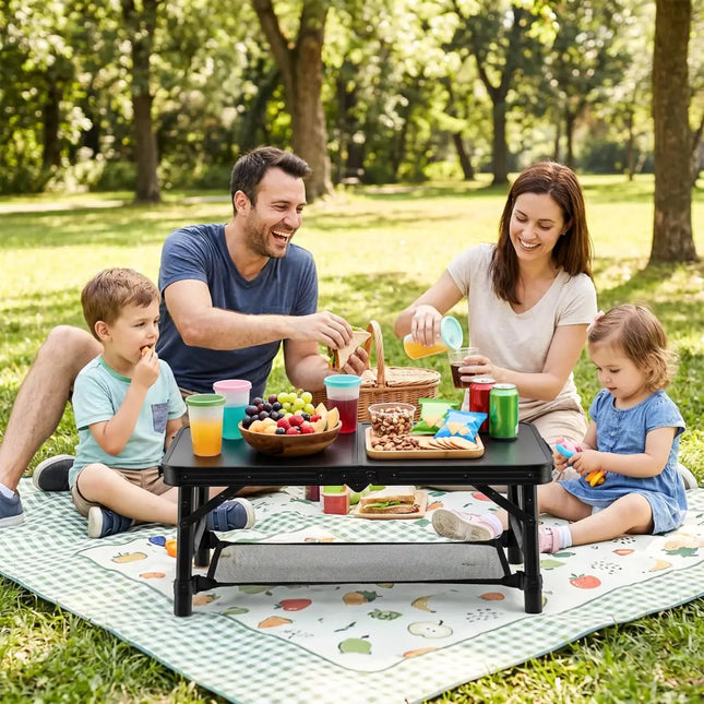 3-Height Folding Camping Table with Large Storage Net & Handle-Black - Black - Camping Furniture
