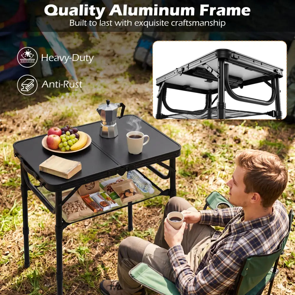 3-Height Folding Camping Table with Large Storage Net & Handle-Black - Black - Camping Furniture