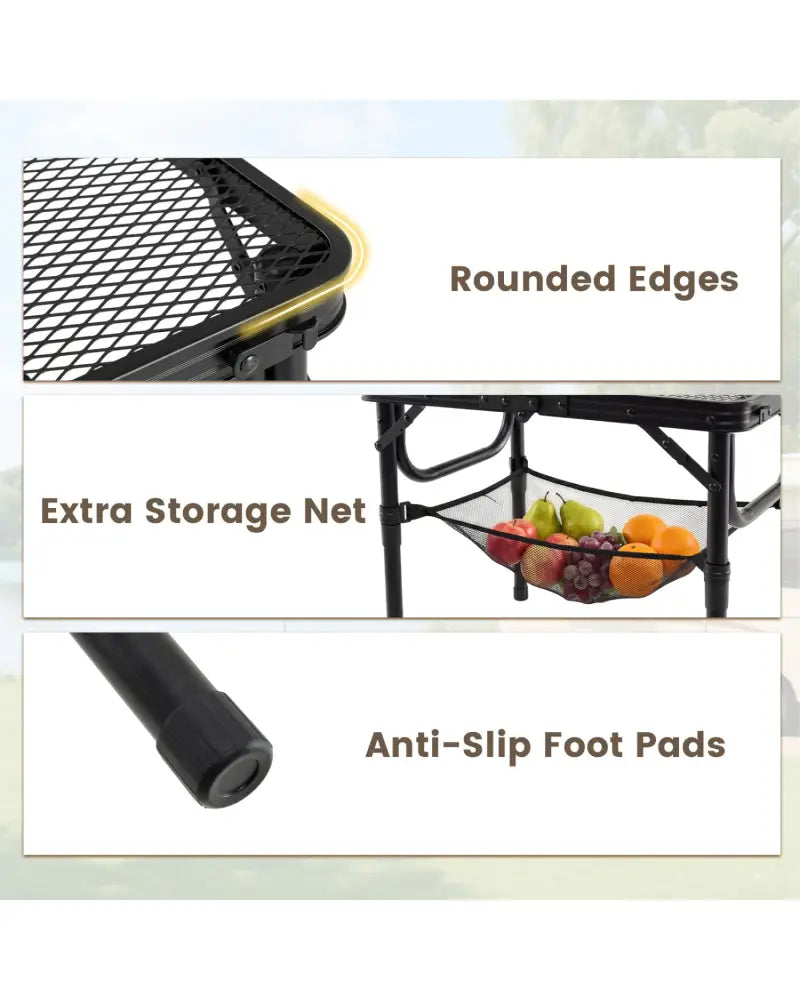 3-Height Folding Picnic Table with Large Storage Net and Handle-Black - Black - Camping Furniture
