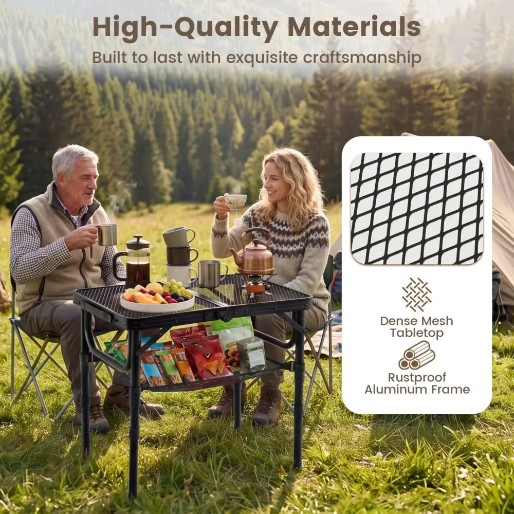 3-Height Folding Picnic Table with Large Storage Net and Handle-Black - Black - Camping Furniture