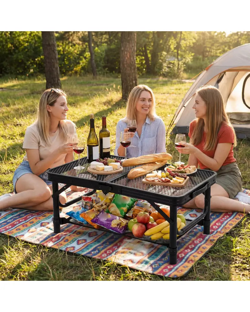 3-Height Folding Picnic Table with Large Storage Net and Handle-Black - Black - Camping Furniture