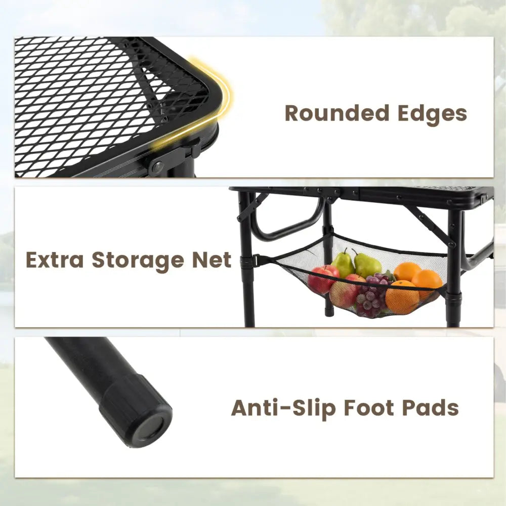 3-Height Folding Picnic Table with Large Storage Net and Handle-Black - Black - Camping Furniture