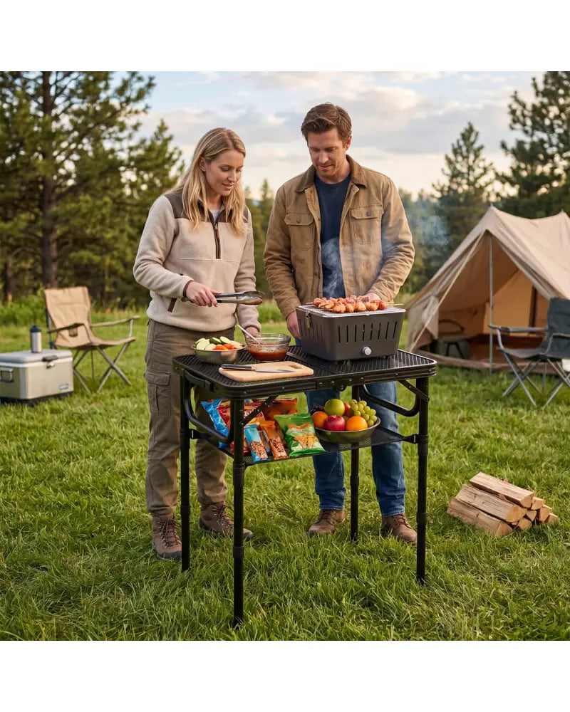 3-Height Folding Picnic Table with Large Storage Net and Handle-Black - Black - Camping Furniture