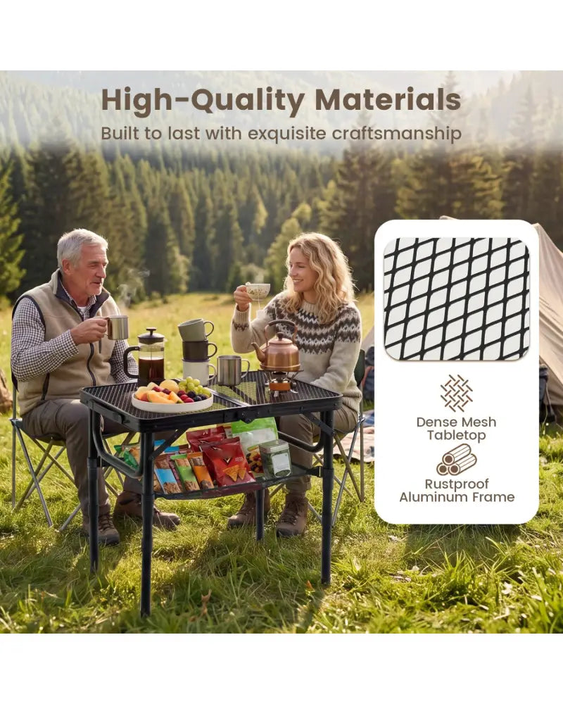 3-Height Folding Picnic Table with Large Storage Net and Handle-Black - Black - Camping Furniture