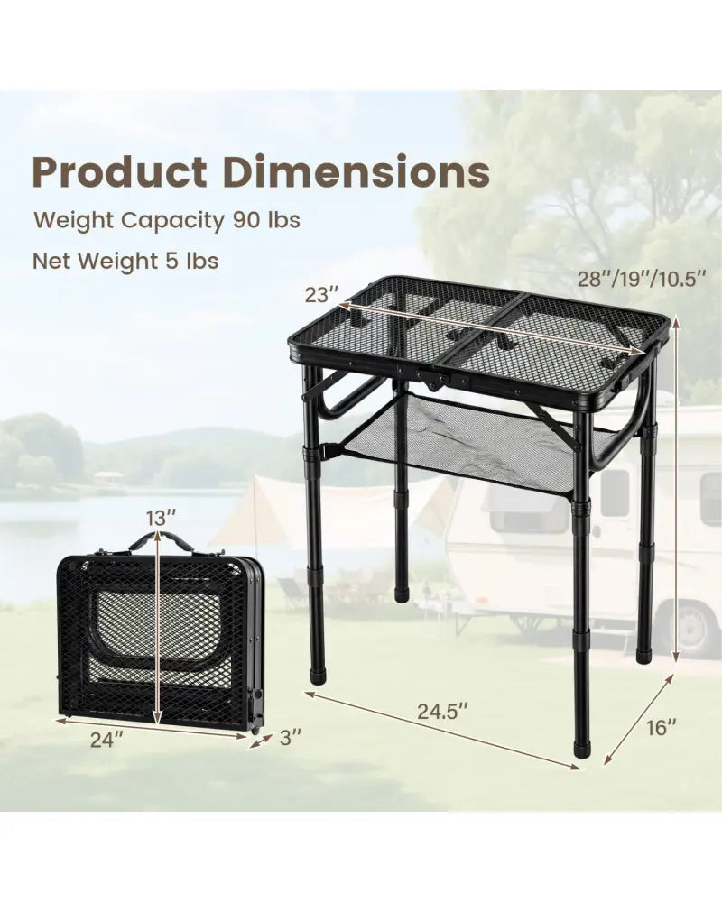 3-Height Folding Picnic Table with Large Storage Net and Handle-Black - Black - Camping Furniture