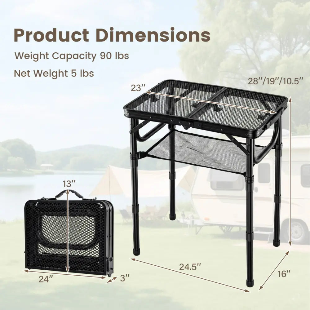 3-Height Folding Picnic Table with Large Storage Net and Handle-Black - Black - Camping Furniture