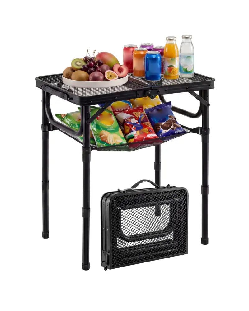 3-Height Folding Picnic Table with Large Storage Net and Handle-Black - Black - Camping Furniture