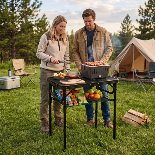 3-Height Folding Picnic Table with Large Storage Net and Handle-Black - Black - Camping Furniture