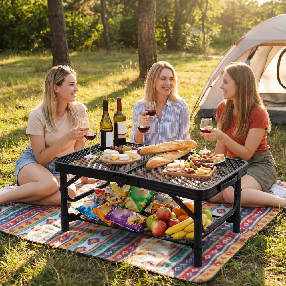 3-Height Folding Picnic Table with Large Storage Net and Handle-Black - Black - Camping Furniture