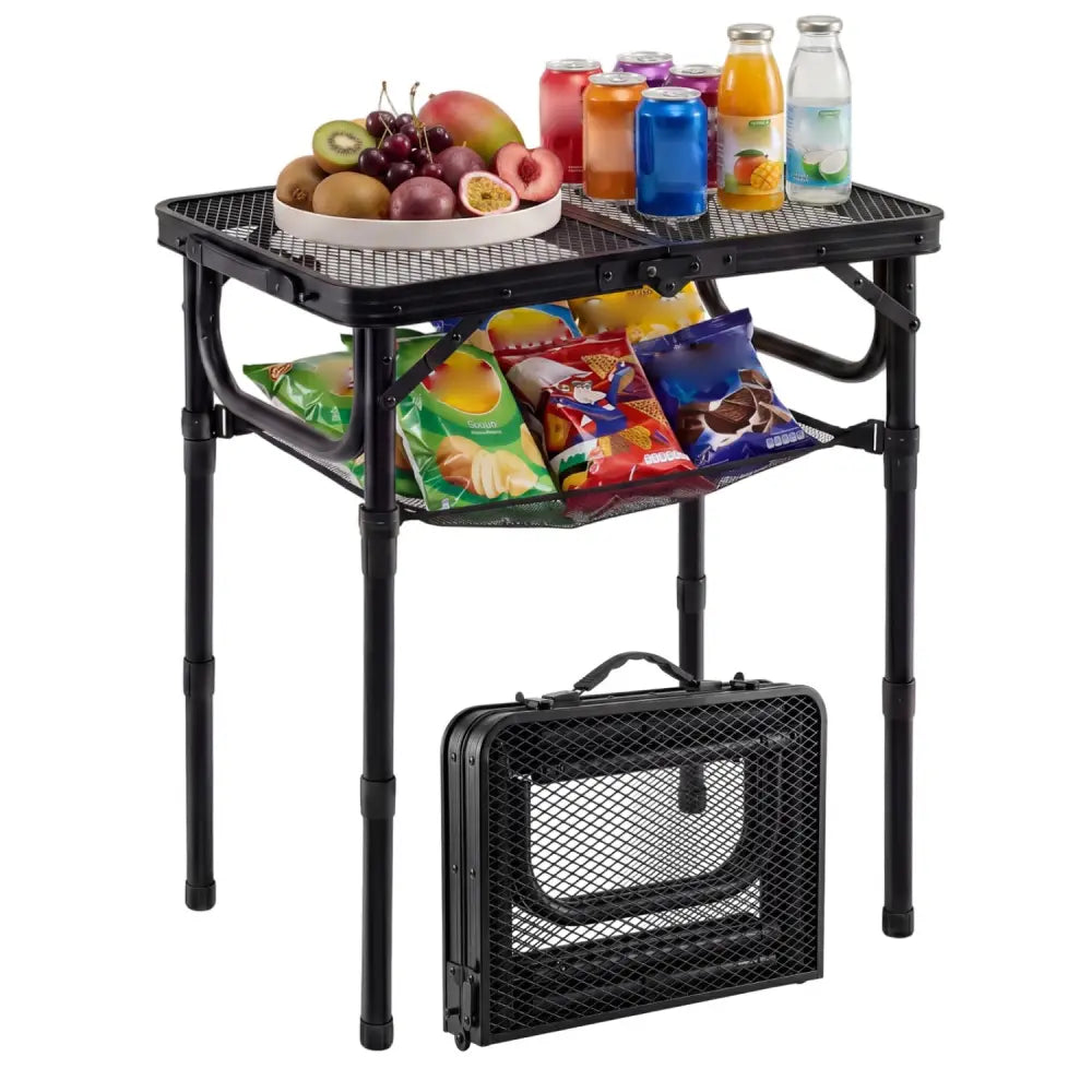 3-Height Folding Picnic Table with Large Storage Net and Handle-Black - Black - Camping Furniture