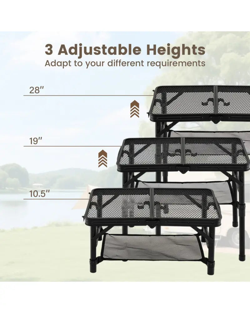 3-Height Folding Picnic Table with Large Storage Net and Handle-Black - Black - Camping Furniture