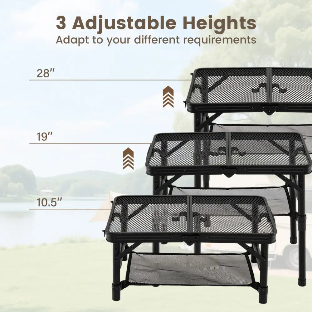 3-Height Folding Picnic Table with Large Storage Net and Handle-Black - Black - Camping Furniture