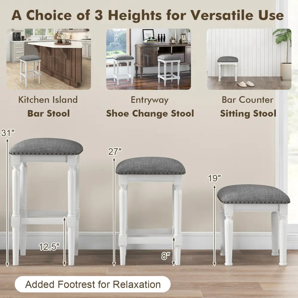 3 Heights Square Saddle Stool Set of 2 with Footrests and Padded Seats-Gray - Gray - Bar Stools