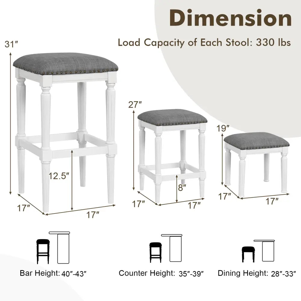 3 Heights Square Saddle Stool Set of 2 with Footrests and Padded Seats-Gray - Gray - Bar Stools