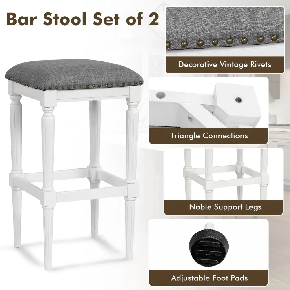 3 Heights Square Saddle Stool Set of 2 with Footrests and Padded Seats-Gray - Gray - Bar Stools