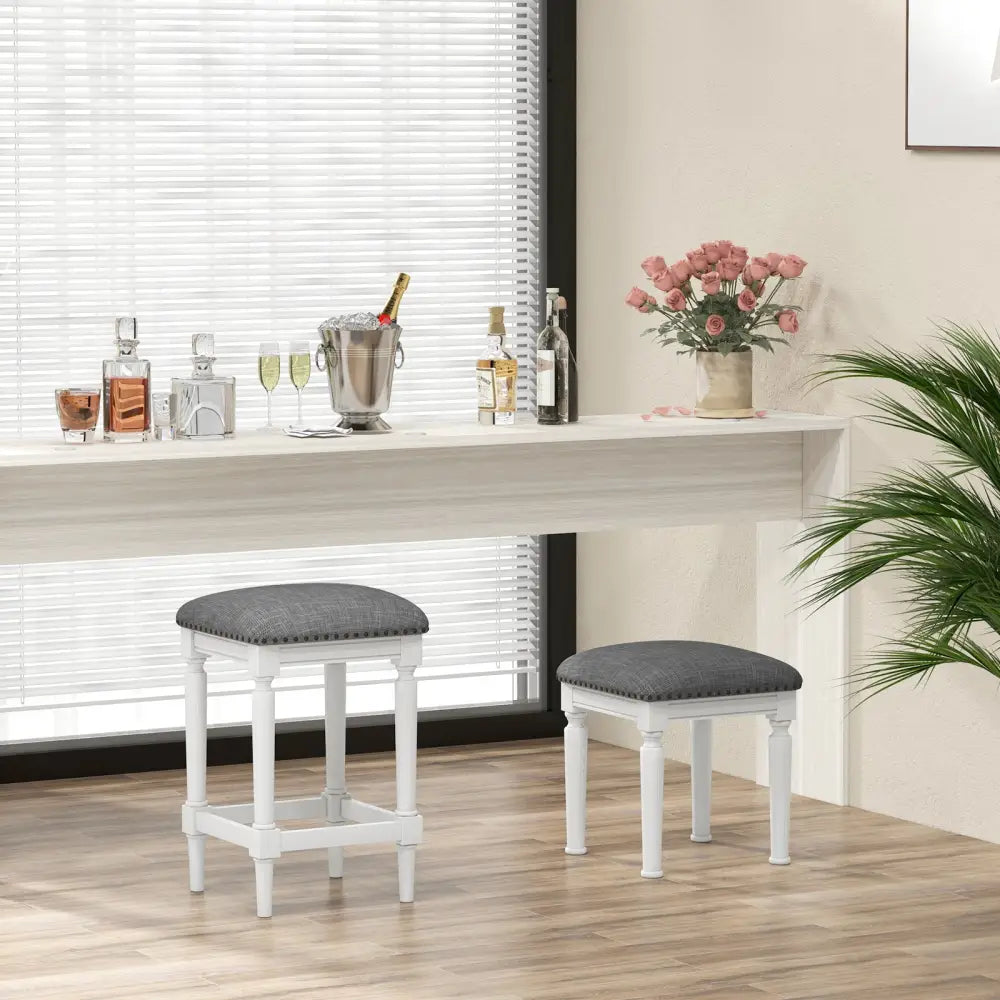 3 Heights Square Saddle Stool Set of 2 with Footrests and Padded Seats-Gray - Gray - Bar Stools