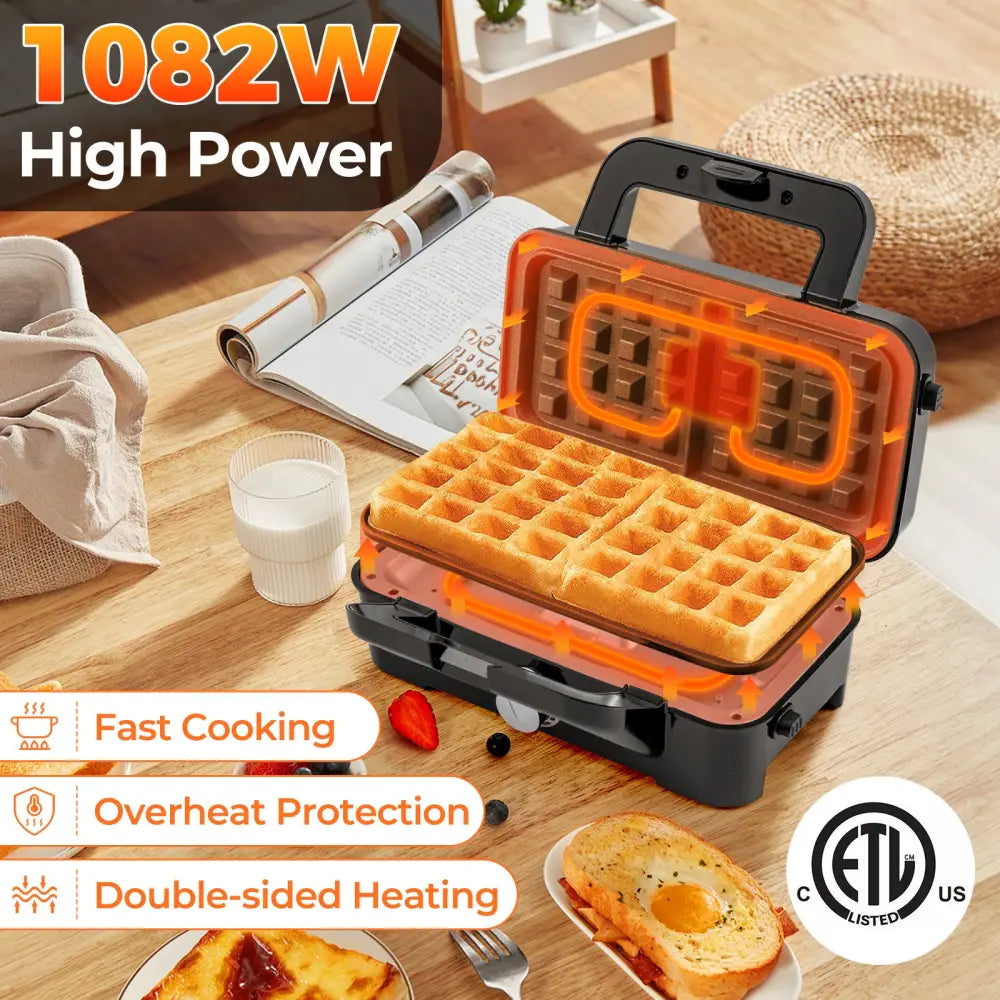 3-in-1 1082W Sandwich Maker with Removable Non-Stick Plates-Black - Black - Small Appliances