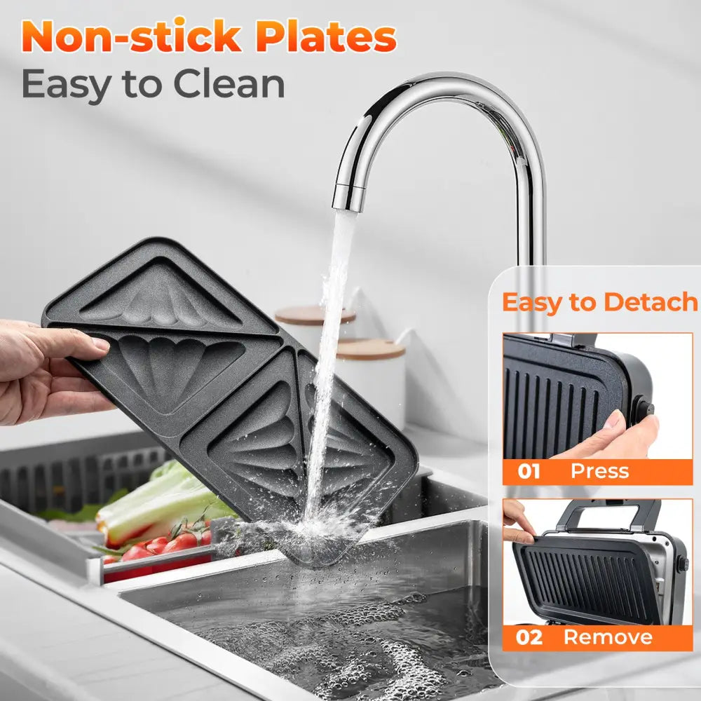 3-in-1 1082W Sandwich Maker with Removable Non-Stick Plates-Black - Black - Small Appliances