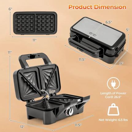 3-in-1 1082W Sandwich Maker with Removable Non-Stick Plates-Black Costway
