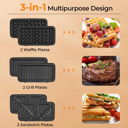 3-in-1 1082W Sandwich Maker with Removable Non-Stick Plates-Black Costway