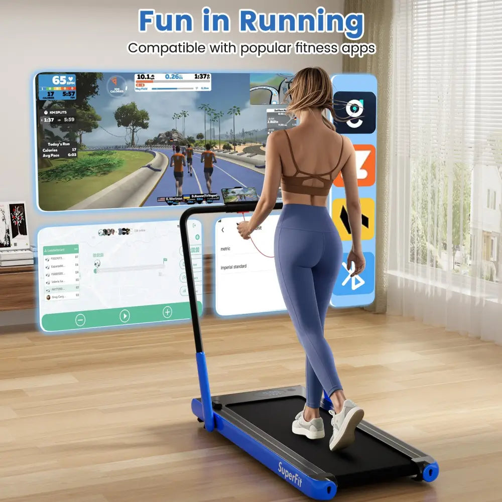 3-in-1 3HP Folding Treadmill with Smart Apps Remote Control and Speakers-Navy - Navy - Treadmills