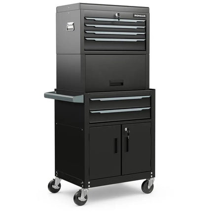 3-in-1 6-Drawer Rolling Tool Chest Storage Cabinet with Universal Wheels and Hooks-Black - Black - Garages