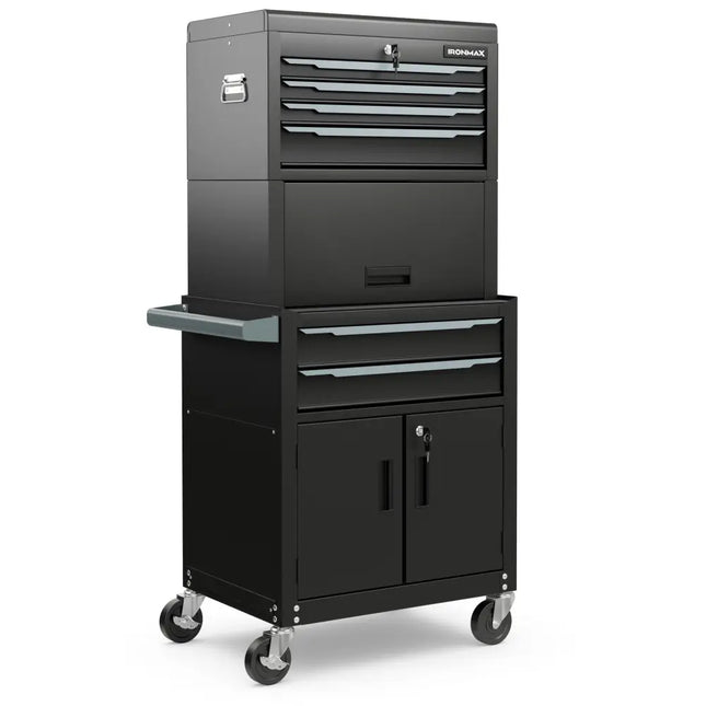 3-in-1 6-Drawer Rolling Tool Chest Storage Cabinet with Universal Wheels and Hooks-Black - Black - Garages