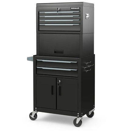 3-in-1 6-Drawer Rolling Tool Chest Storage Cabinet with Universal Wheels and Hooks-Black - Black - Garages