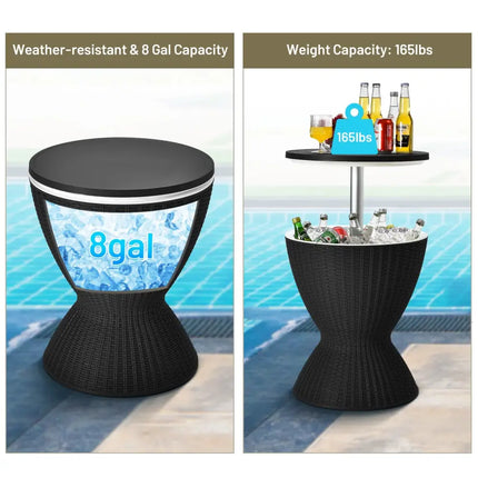 3 in 1 8 Gallon Patio Rattan Cooler Bar Table with Adjust Ice Bucket-Black - Black - Patio Bar Furniture