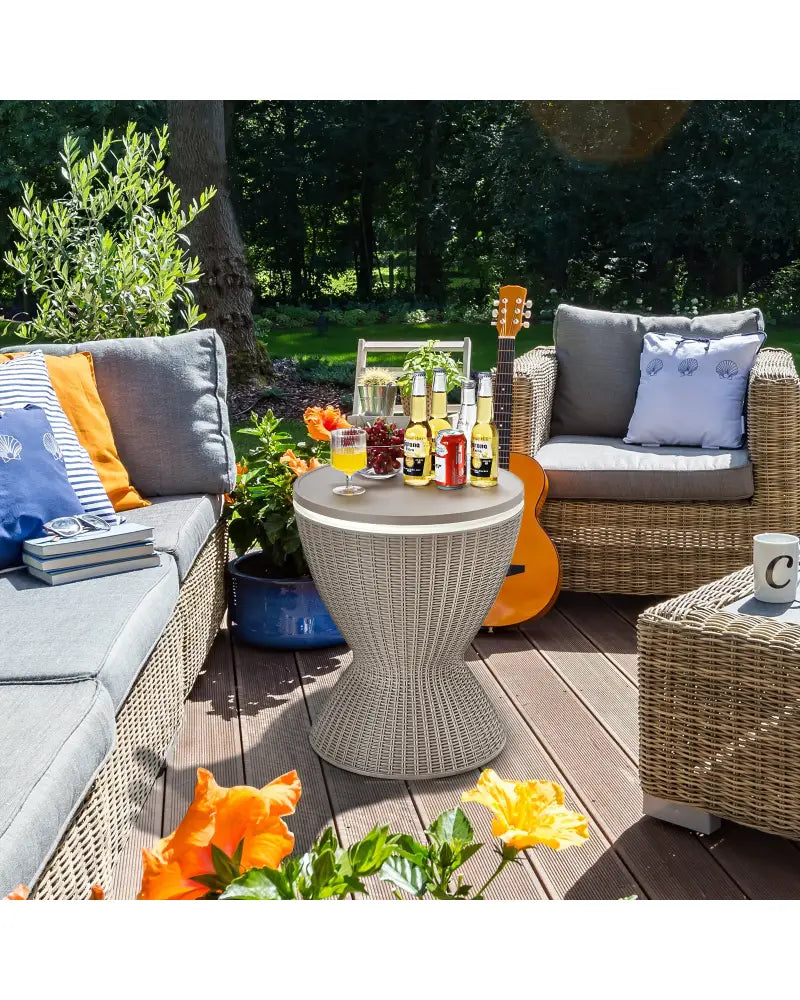 3 in 1 8 Gallon Patio Rattan Cooler Bar Table with Adjust Ice Bucket-Brown - Brown - Patio Coffee Tables