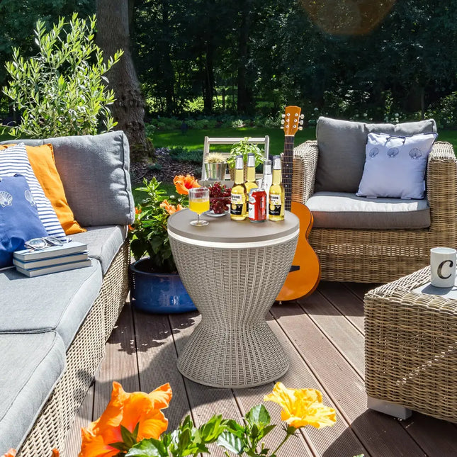 3 in 1 8 Gallon Patio Rattan Cooler Bar Table with Adjust Ice Bucket-Brown - Brown - Patio Bar Furniture