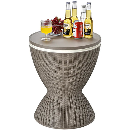 3 in 1 8 Gallon Patio Rattan Cooler Bar Table with Adjust Ice Bucket-Brown - Brown - Patio Bar Furniture