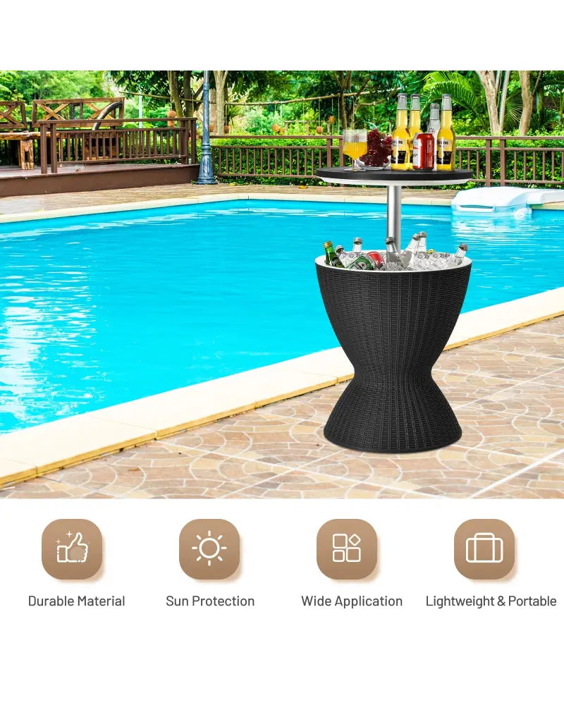 3 in 1 8 Gallon Patio Rattan Cooler Bar Table with Adjust Ice Bucket-Black - Black - Patio Coffee Tables
