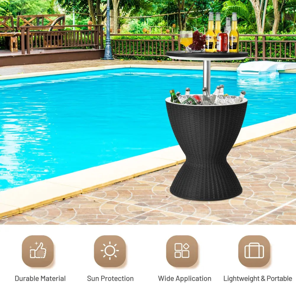 3 in 1 8 Gallon Patio Rattan Cooler Bar Table with Adjust Ice Bucket-Black - Black - Patio Coffee Tables
