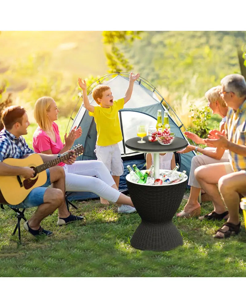 3 in 1 8 Gallon Patio Rattan Cooler Bar Table with Adjust Ice Bucket-Black - Black - Patio Coffee Tables