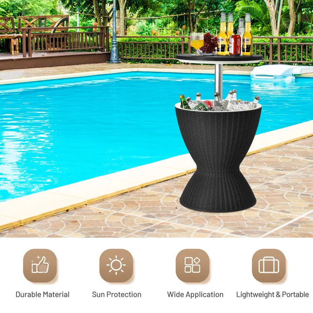 3 in 1 8 Gallon Patio Rattan Cooler Bar Table with Adjust Ice Bucket-Black - Black - Patio Bar Furniture