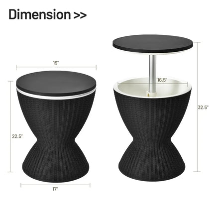 3 in 1 8 Gallon Patio Rattan Cooler Bar Table with Adjust Ice Bucket-Black - Black - Patio Bar Furniture