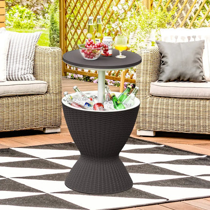 3 in 1 8 Gallon Patio Rattan Cooler Bar Table with Adjust Ice Bucket-Black - Black - Patio Bar Furniture