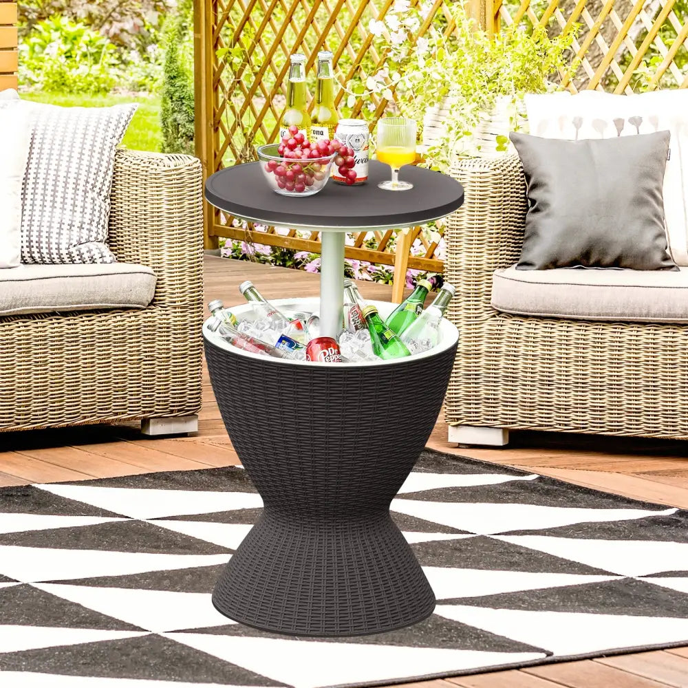3 in 1 8 Gallon Patio Rattan Cooler Bar Table with Adjust Ice Bucket-Black - Black - Patio Coffee Tables