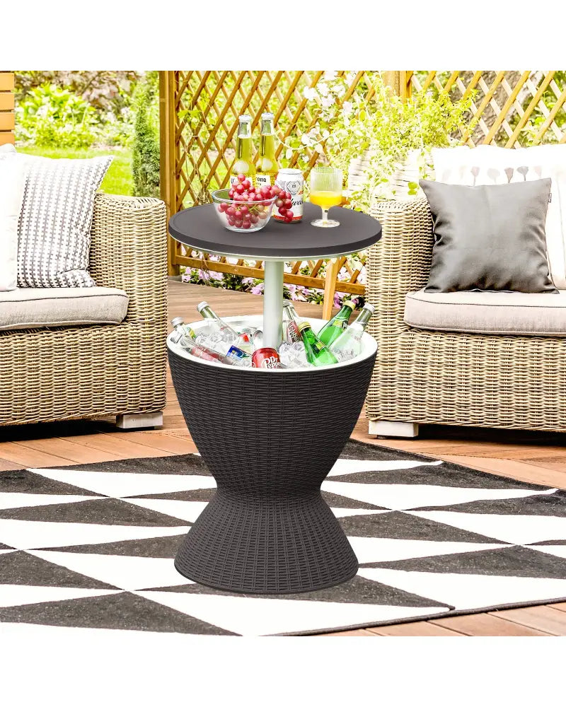 3 in 1 8 Gallon Patio Rattan Cooler Bar Table with Adjust Ice Bucket-Black - Black - Patio Coffee Tables
