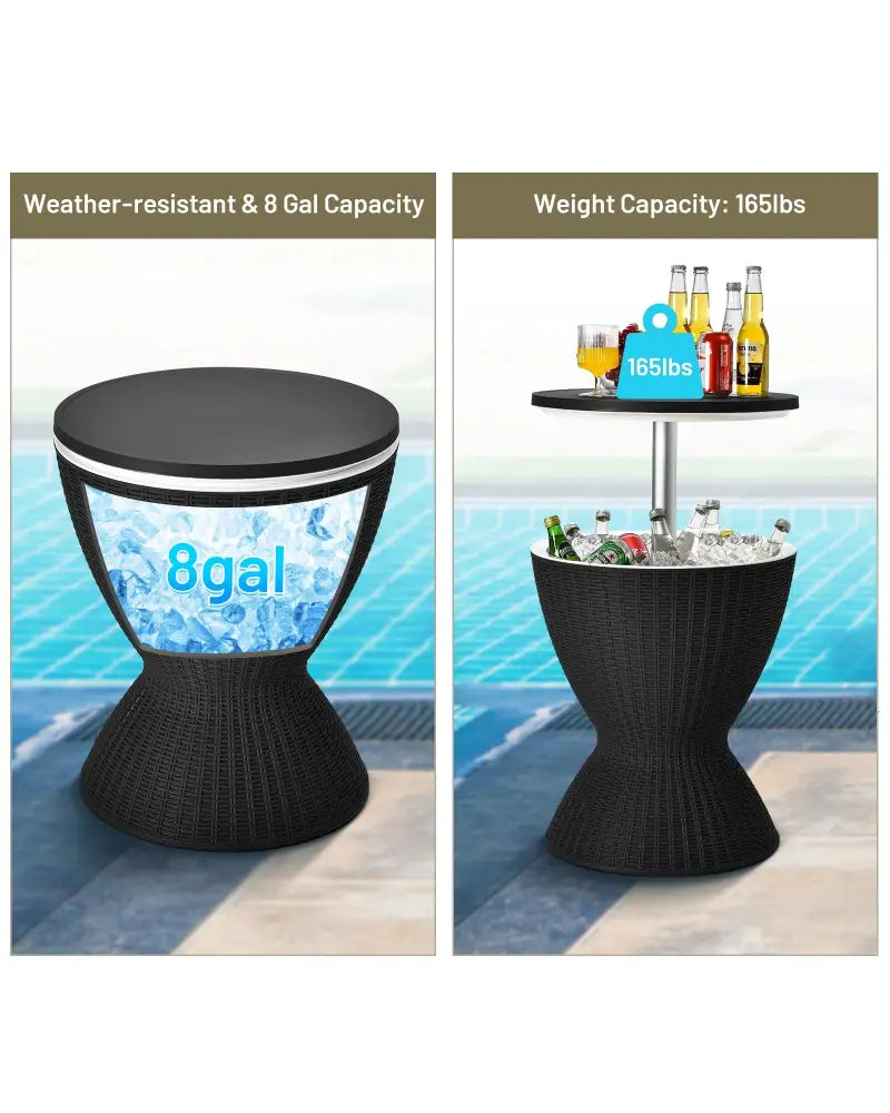 3 in 1 8 Gallon Patio Rattan Cooler Bar Table with Adjust Ice Bucket-Black - Black - Patio Coffee Tables