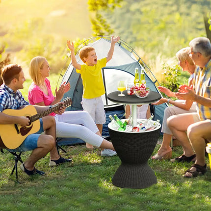 3 in 1 8 Gallon Patio Rattan Cooler Bar Table with Adjust Ice Bucket-Black - Black - Patio Bar Furniture