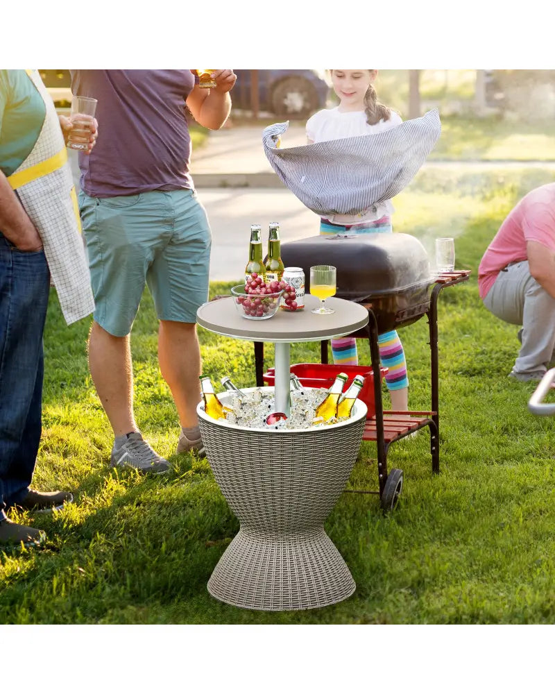 3 in 1 8 Gallon Patio Rattan Cooler Bar Table with Adjust Ice Bucket-Brown - Brown - Patio Coffee Tables