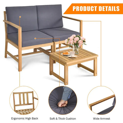 3-in-1 Acacia Wood Loveseat with Separable Coffee Table - Natural - Patio Conversation Sets
