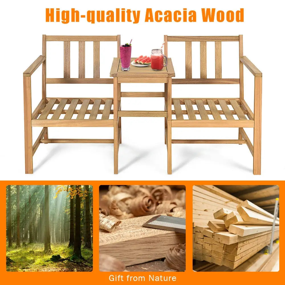 3-in-1 Acacia Wood Loveseat with Separable Coffee Table - Natural - Patio Conversation Sets
