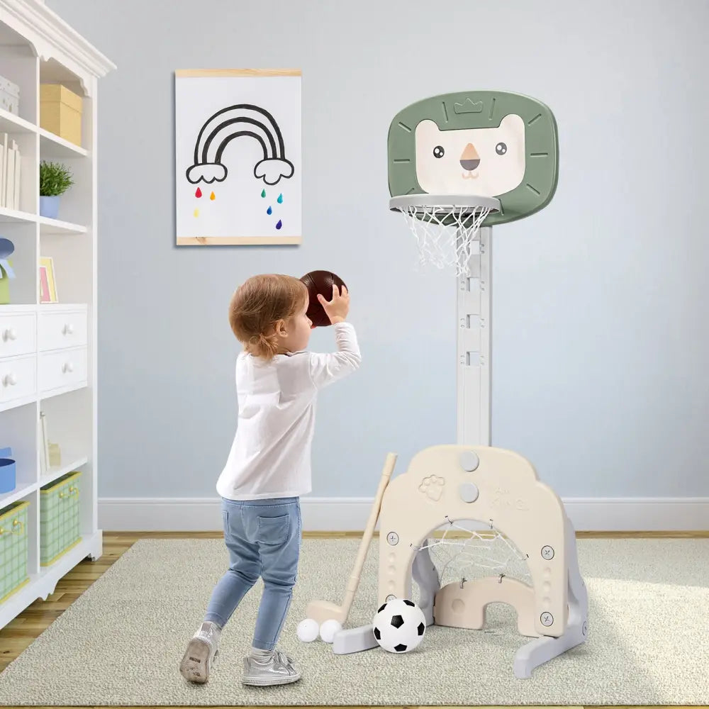 3-in-1 Adjustable Kids Basketball Hoop Sports Set-Green - Green - Toy Sports