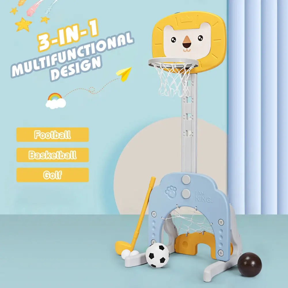 3-in-1 Adjustable Kids Basketball Hoop Sports Set-Yellow - Yellow - Toy Sports